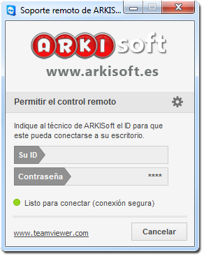 Ventana de diálogo del software de soporte remoto de ARKISoft