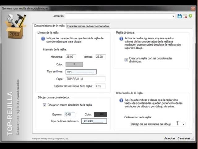 Crear una rejilla de coordenadas, pudiendo indicar todas las caracteísticas de la misma. Al mover la rejilla las coordenadas se adaptan automáticamente a su nueva posición en el dibujo.