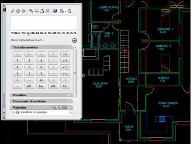 Permite utilizar la calculadora estándard de AutoCAD para realizar operaciones con valores que tengamos escritos en el dibujo en forma de textos o para extraer el área o perímetro de polilíneas, líneas, arcos, etc. También podemos colocar el resultado de