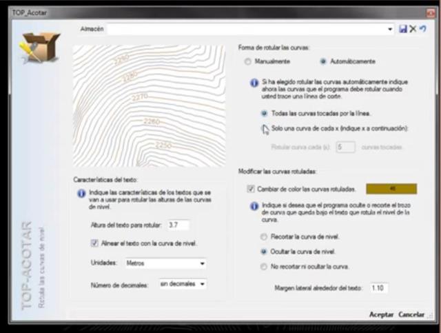 Este comando permite acotar las alturas de las curvas de nivel de forma manual o automática. Se puede configurar tanto el aspecto del rotulo como la forma en como este rotulo se coloca sobre las curvas de nivel.