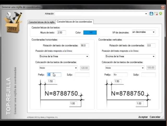 Crear una rejilla de coordenadas, pudiendo indicar todas las caracteísticas de la misma. Al mover la rejilla las coordenadas se adaptan automáticamente a su nueva posición en el dibujo.