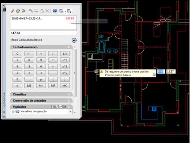 Permite utilizar la calculadora estándard de AutoCAD para realizar operaciones con valores que tengamos escritos en el dibujo en forma de textos o para extraer el área o perímetro de polilíneas, líneas, arcos, etc. También podemos colocar el resultado de