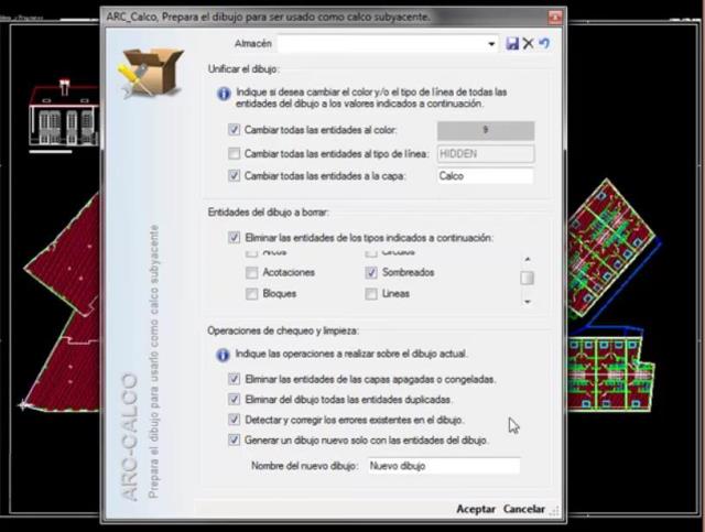 Este comando permite preparar rapidamente un dibujo para ser utilizado como un calco subyacente dentro de AutoCAD. El comando se encarga de cambiar todas las entidades a un determinado color, cambiar las entidades a una sola capa, eliminar los errores de