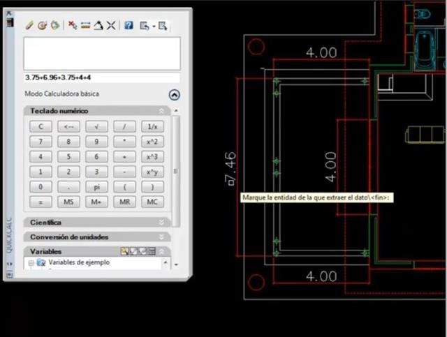 Permite utilizar la calculadora estándard de AutoCAD para realizar operaciones con valores que tengamos escritos en el dibujo en forma de textos o para extraer el área o perímetro de polilíneas, líneas, arcos, etc. También podemos colocar el resultado de