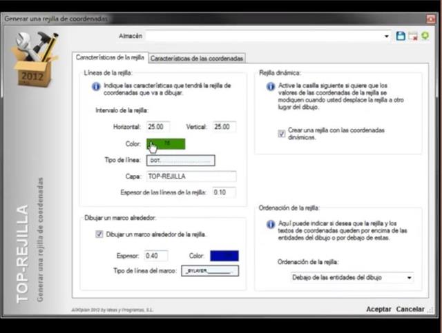 Crear una rejilla de coordenadas, pudiendo indicar todas las caracteísticas de la misma. Al mover la rejilla las coordenadas se adaptan automáticamente a su nueva posición en el dibujo.